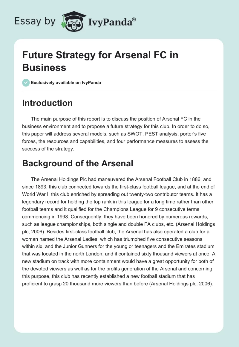 Future Strategy for Arsenal FC in Business. Page 1
