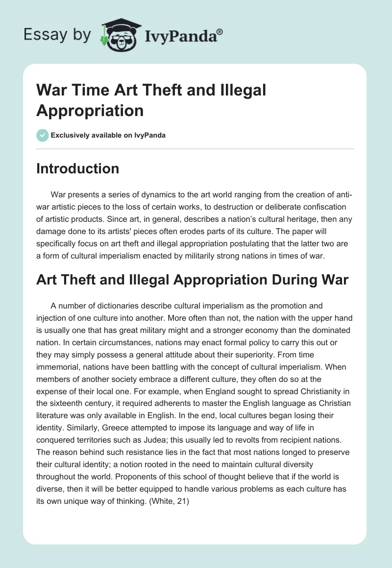 War Time Art Theft and Illegal Appropriation. Page 1