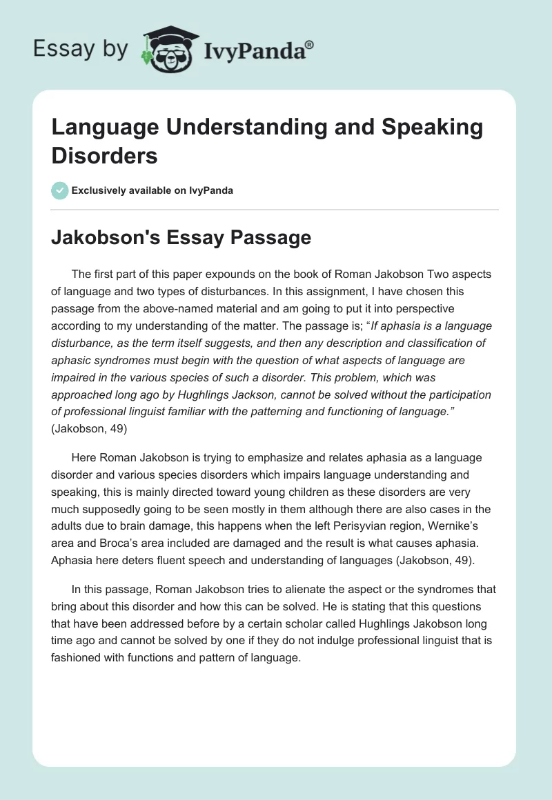 Language Understanding and Speaking Disorders. Page 1