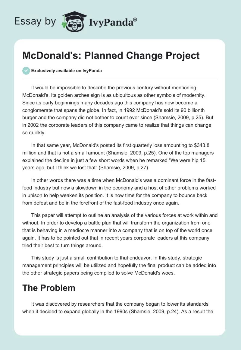 McDonald's: Planned Change Project. Page 1
