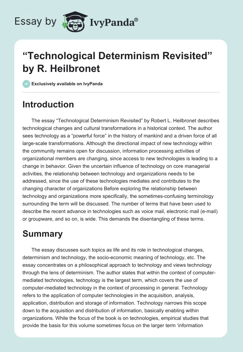 “Technological Determinism Revisited” by R. Heilbronet. Page 1