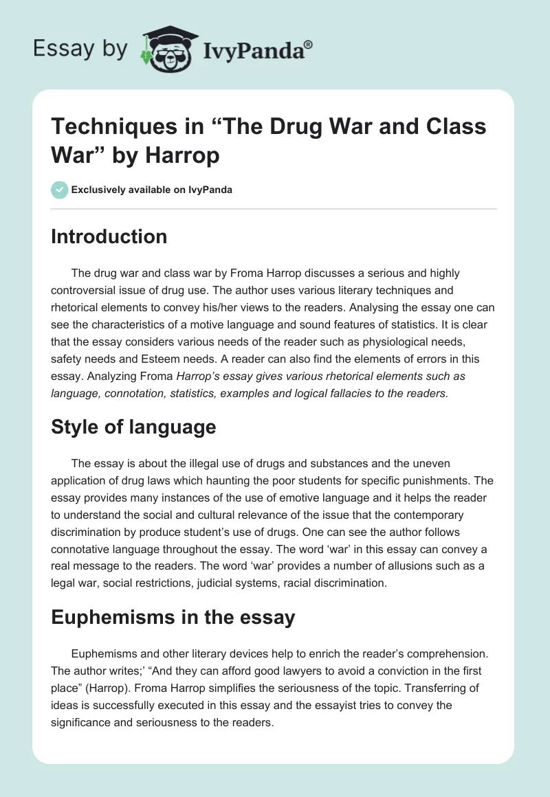 Techniques in “The Drug War and Class War” by Harrop. Page 1