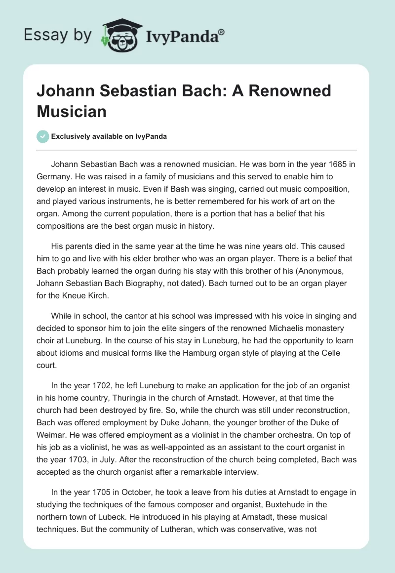 Johann Sebastian Bach: A Renowned Musician. Page 1