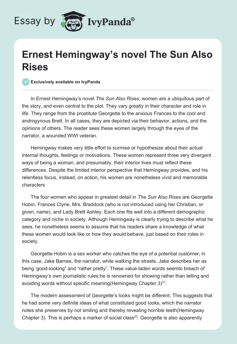 Ernest Hemingway’s novel The Sun Also Rises. Page 1
