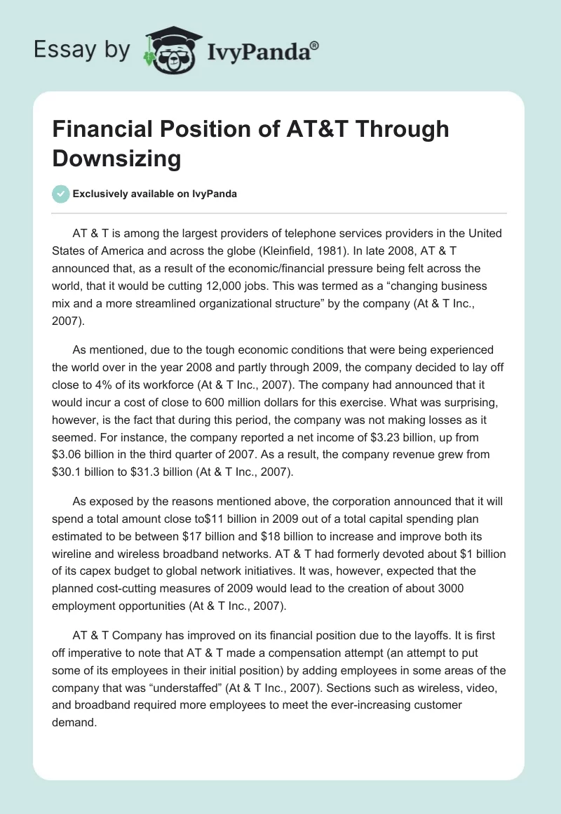 Financial Position of AT&T Through Downsizing. Page 1