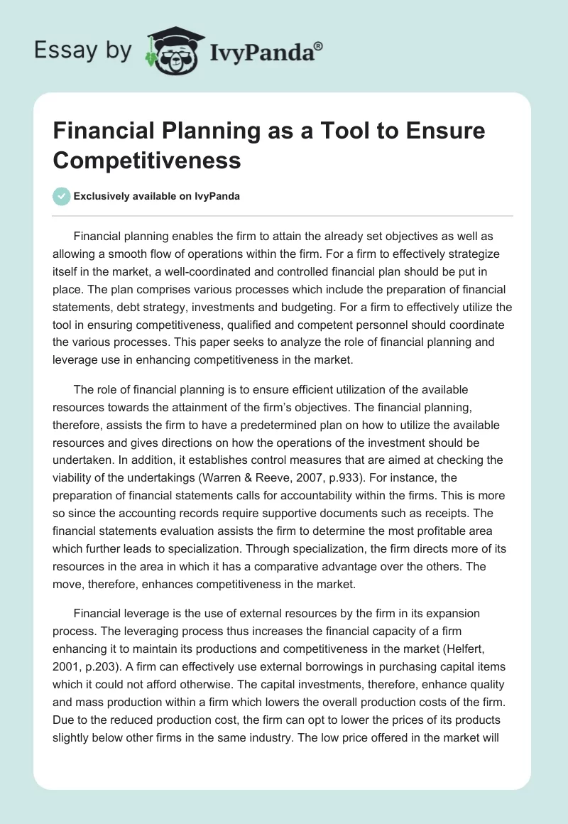 Financial Planning as a Tool to Ensure Competitiveness. Page 1