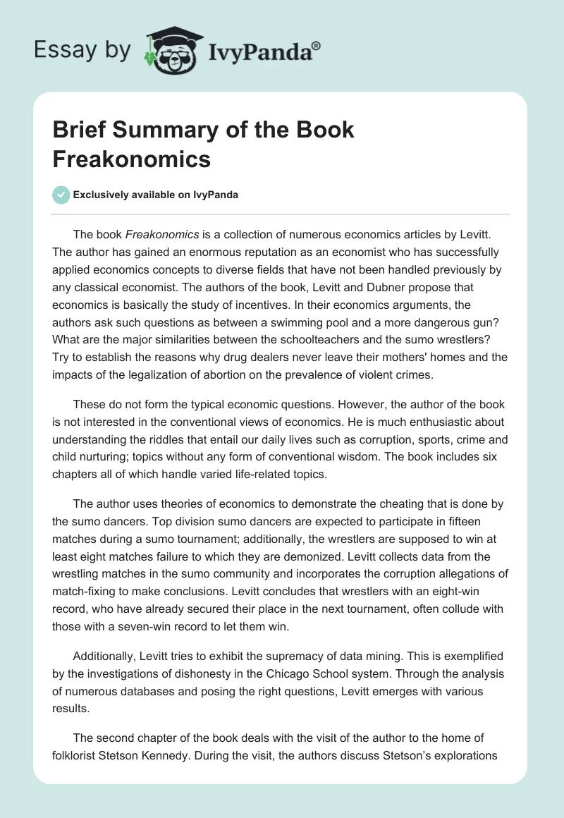 Brief Summary of the Book "Freakonomics". Page 1