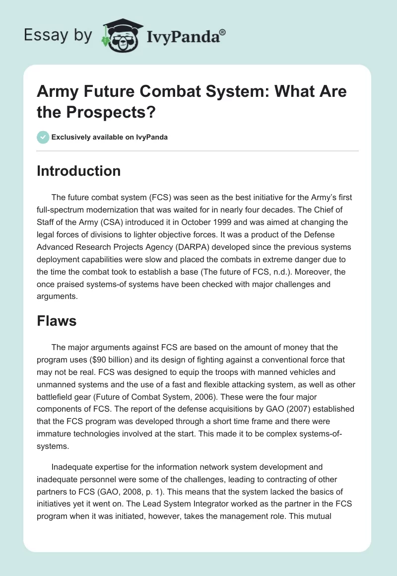 Army Future Combat System: What Are the Prospects?. Page 1