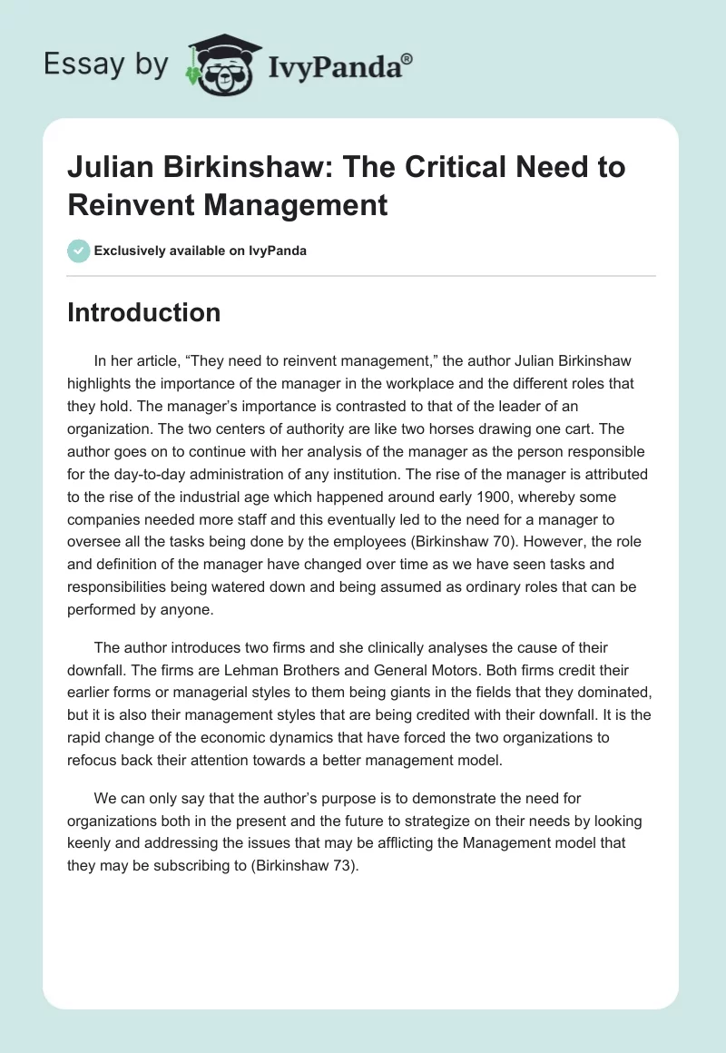 Julian Birkinshaw: The Critical Need to Reinvent Management. Page 1