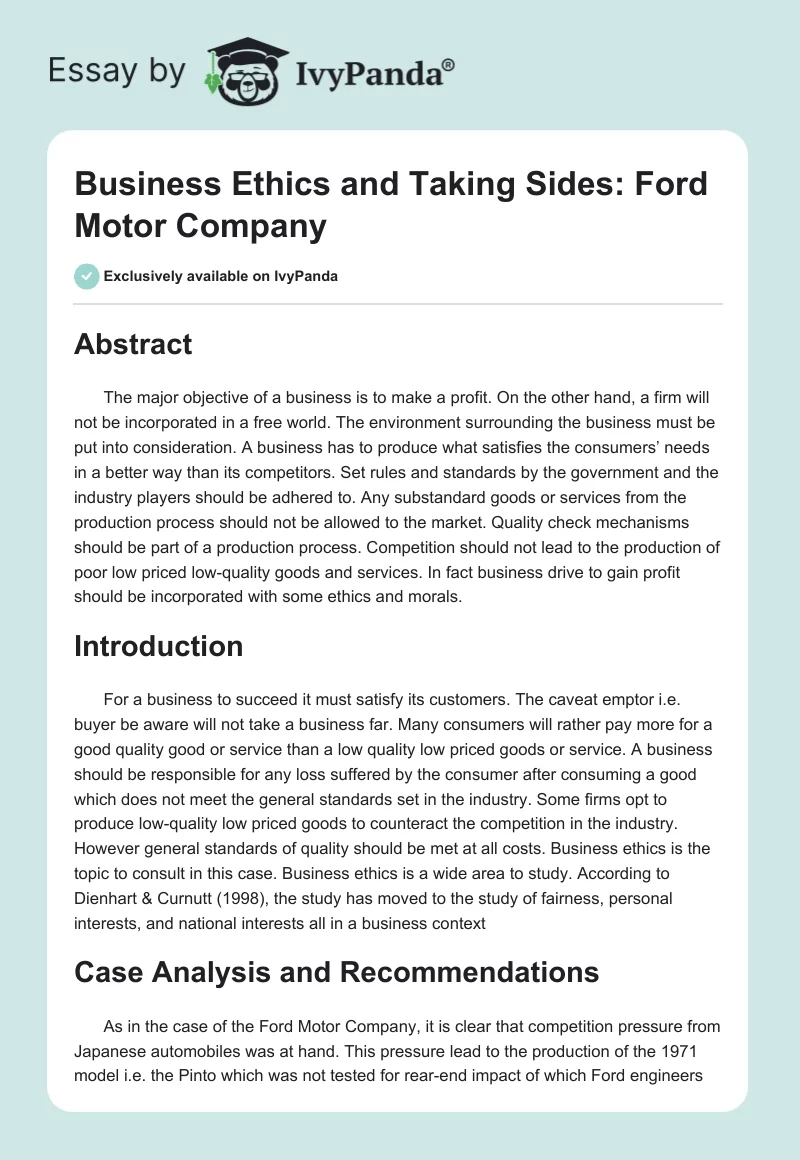 Business Ethics and Taking Sides: Ford Motor Company. Page 1