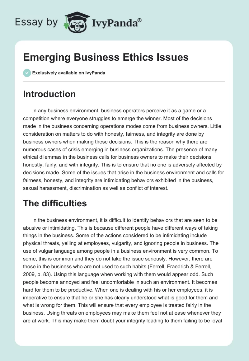Emerging Business Ethics Issues. Page 1