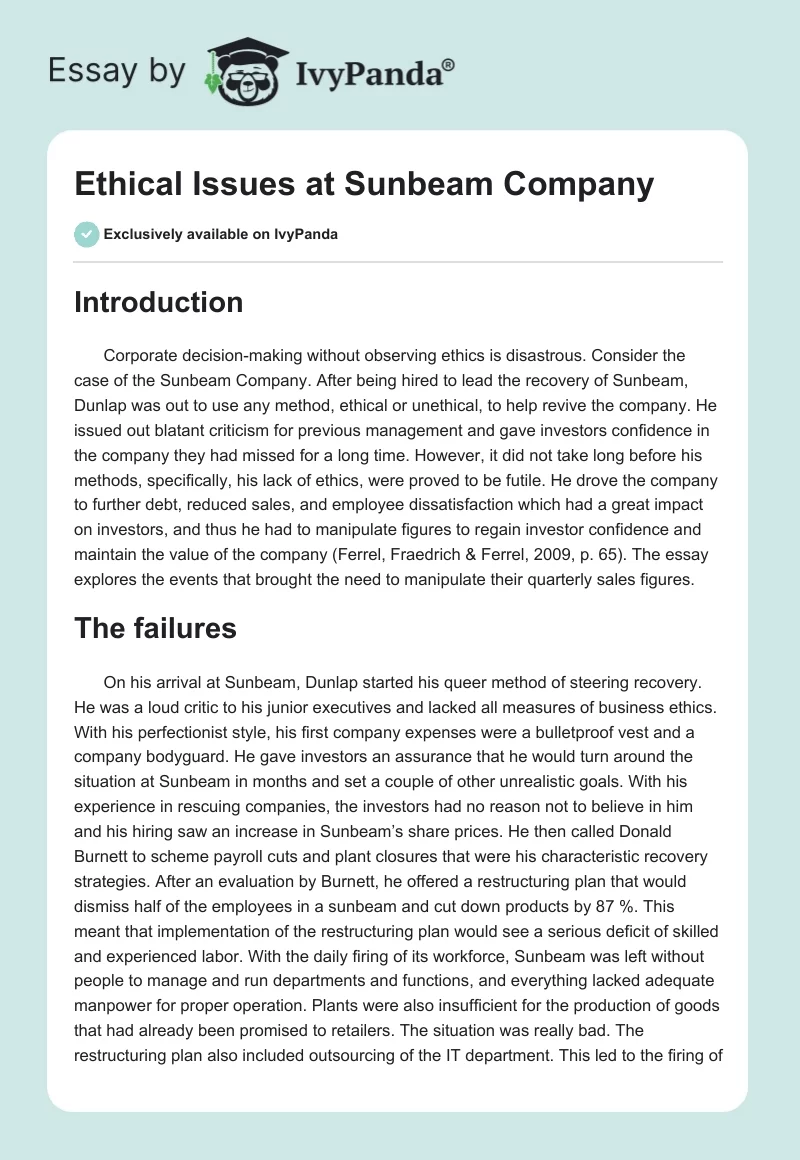 Ethical Issues at Sunbeam Company. Page 1