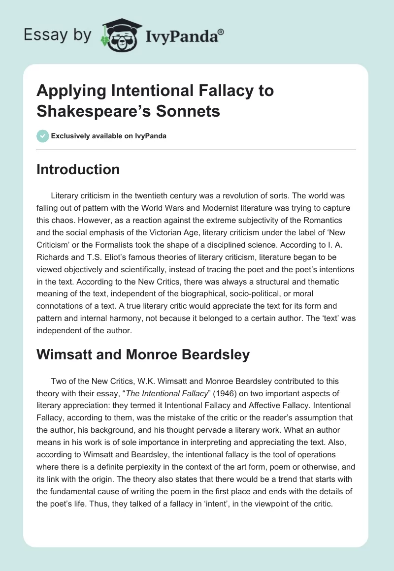 Applying Intentional Fallacy to Shakespeare’s Sonnets. Page 1