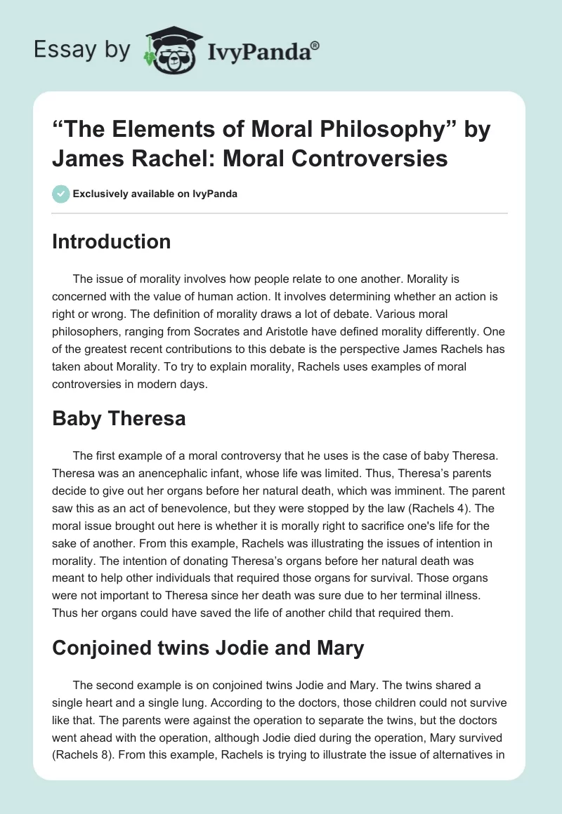 “The Elements of Moral Philosophy” by James Rachel: Moral Controversies. Page 1