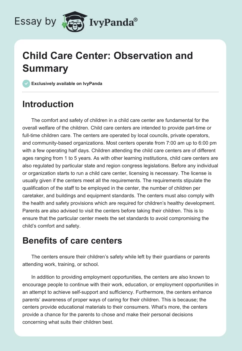 Child Care Center: Observation and Summary. Page 1