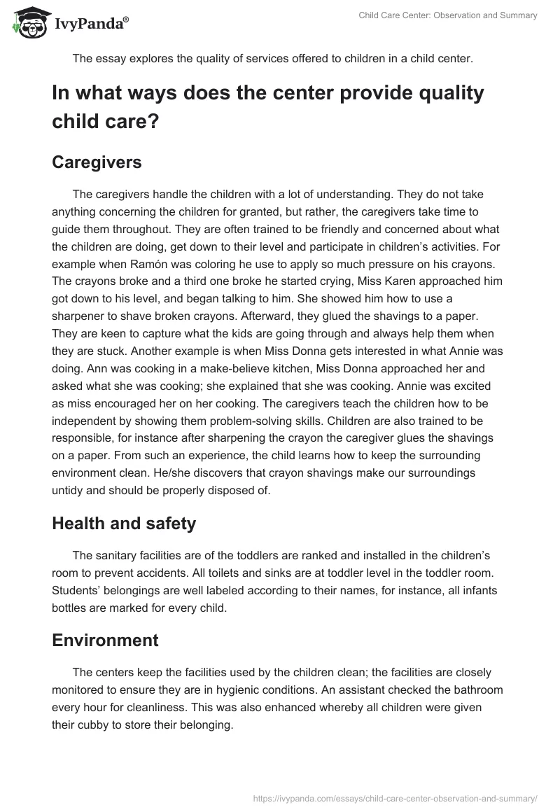 Child Care Center: Observation and Summary. Page 2