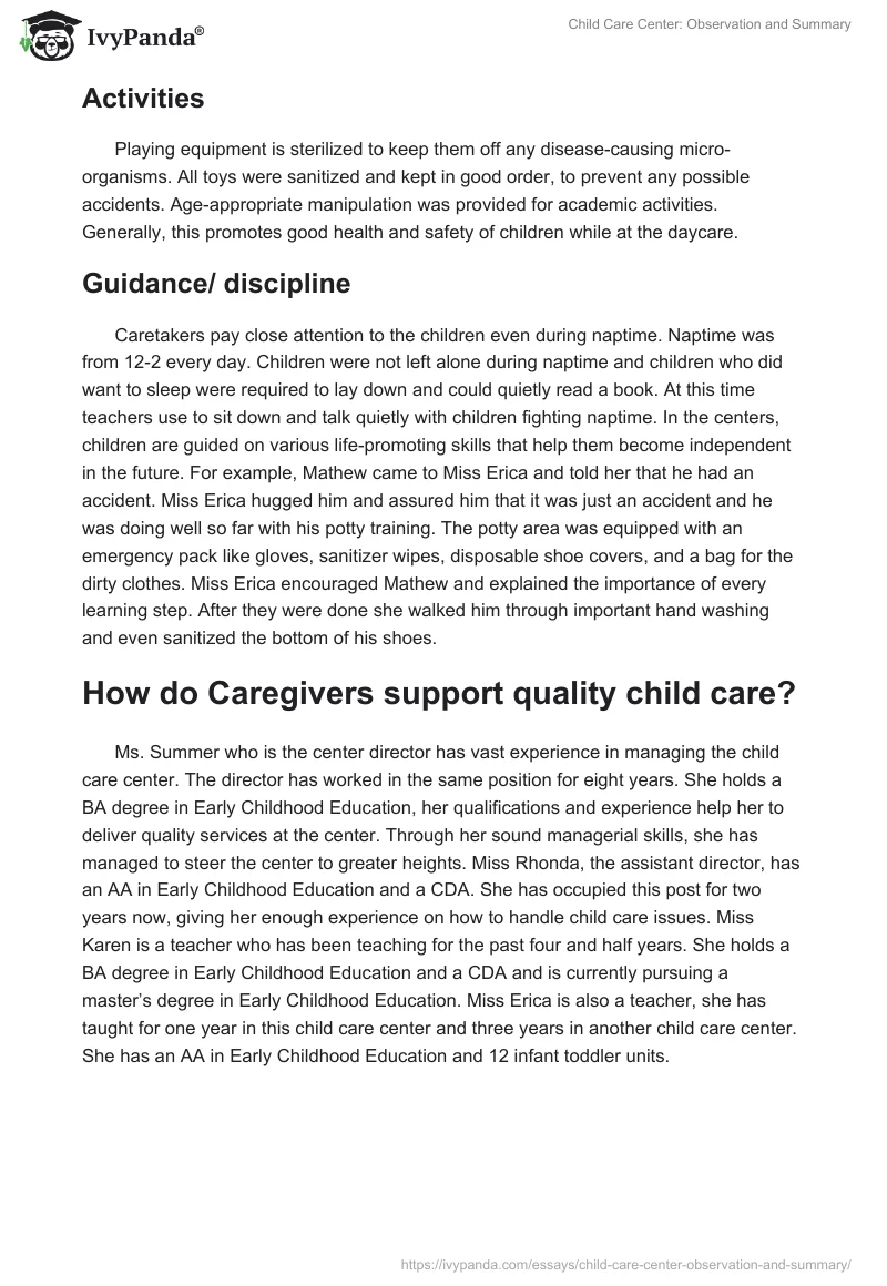 Child Care Center: Observation and Summary. Page 3