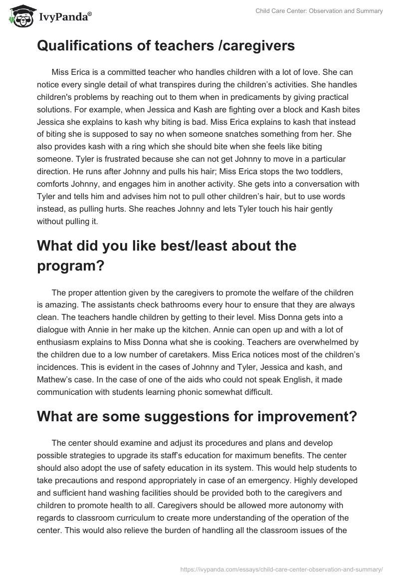 Child Care Center: Observation and Summary. Page 4