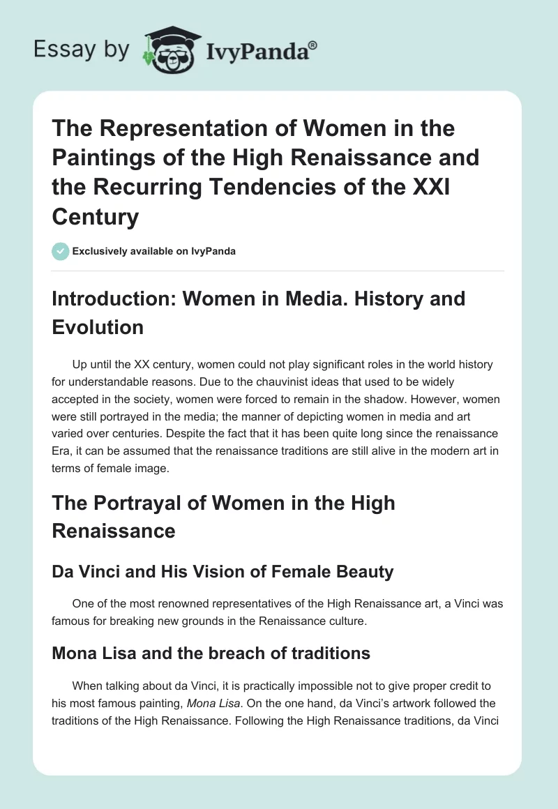 The Representation of Women in the Paintings of the High Renaissance and the Recurring Tendencies of the XXI Century. Page 1