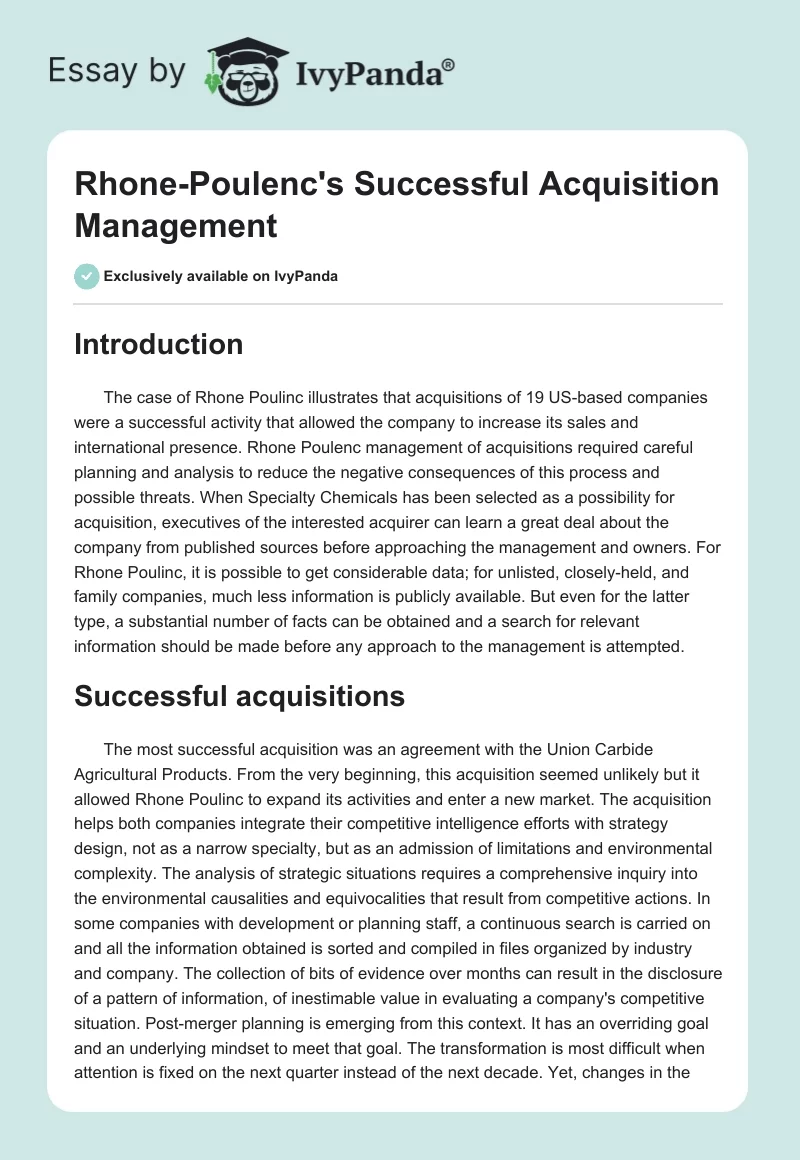 Rhone-Poulenc's Successful Acquisition Management. Page 1