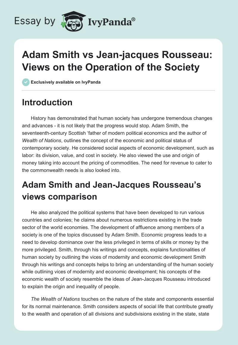 Adam Smith vs Jean-jacques Rousseau: Views on the Operation of the Society. Page 1