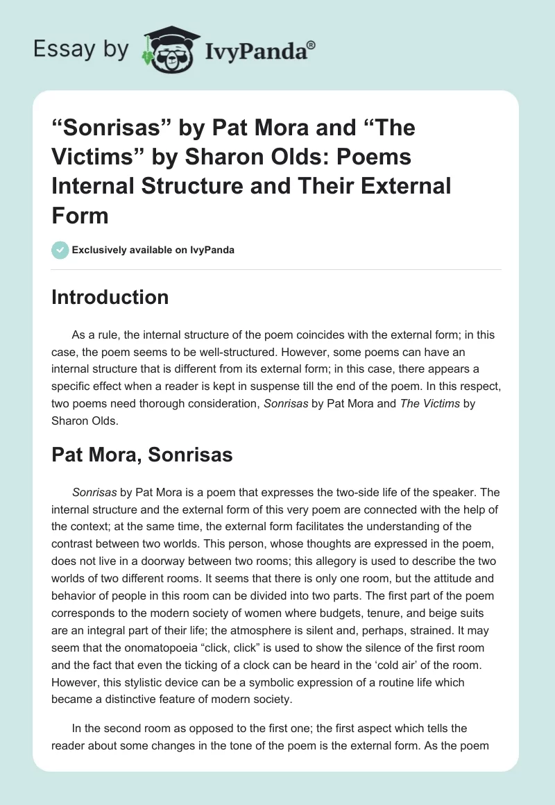 “Sonrisas” by Pat Mora and “The Victims” by Sharon Olds: Poems Internal Structure and Their External Form. Page 1