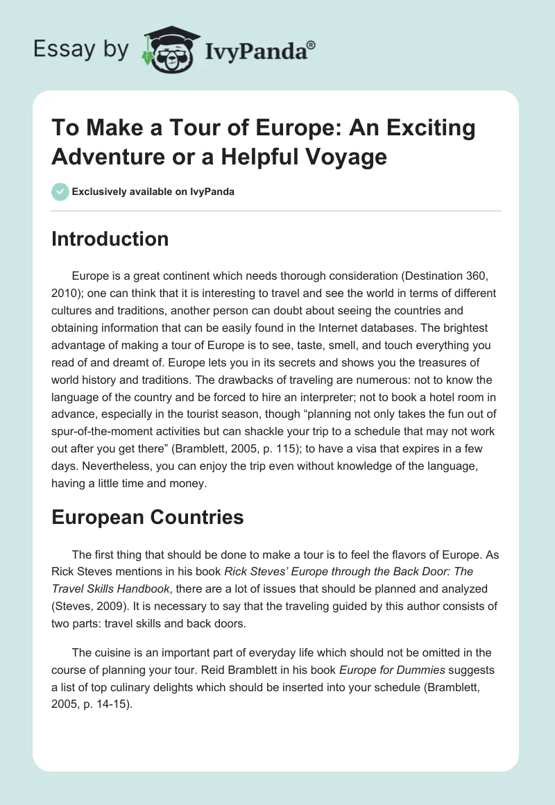 To Make a Tour of Europe: An Exciting Adventure or a Helpful Voyage. Page 1