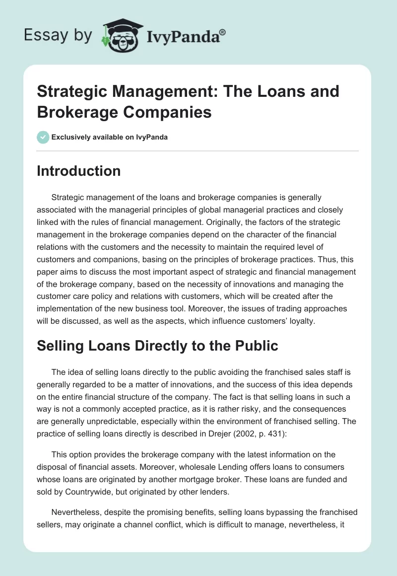 Strategic Management: The Loans and Brokerage Companies. Page 1