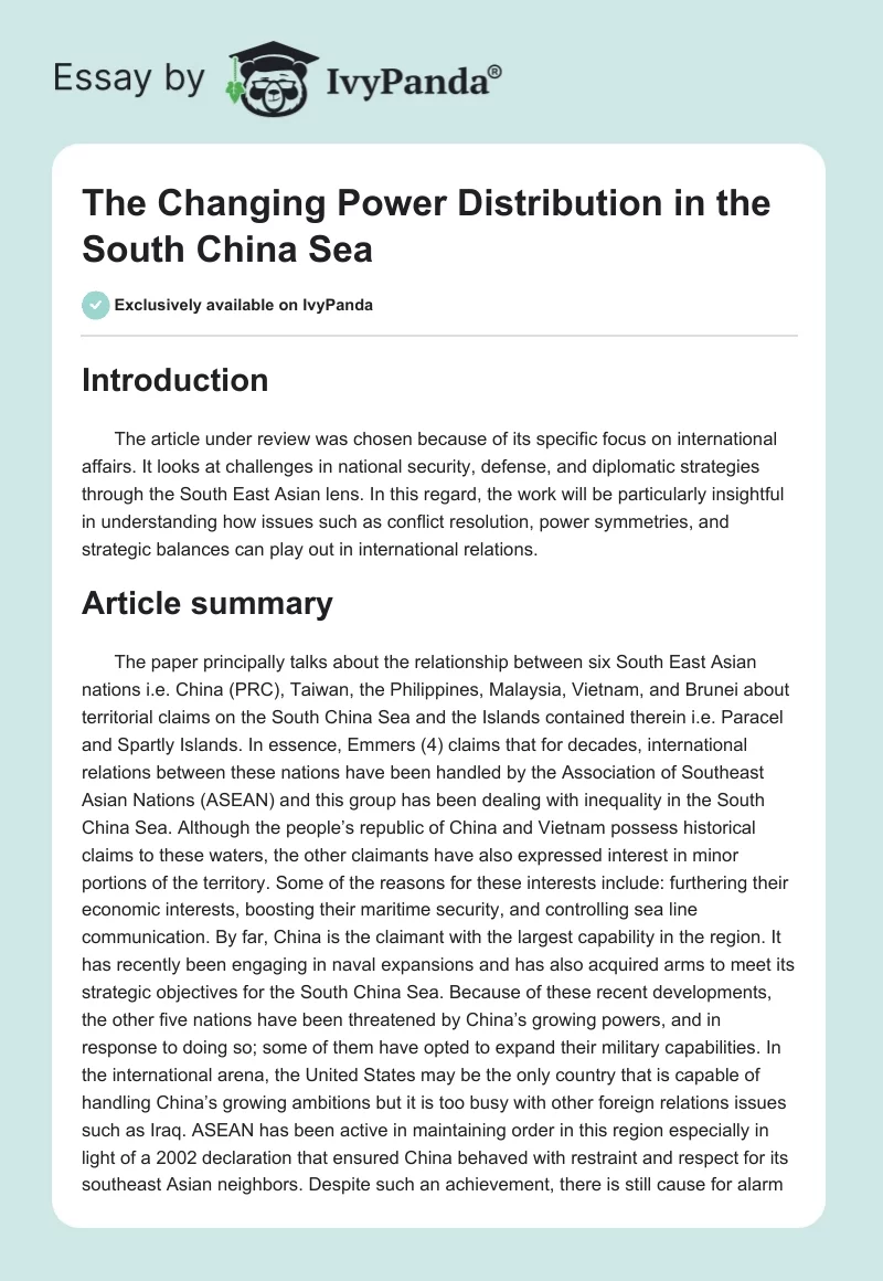 The Changing Power Distribution in the South China Sea. Page 1