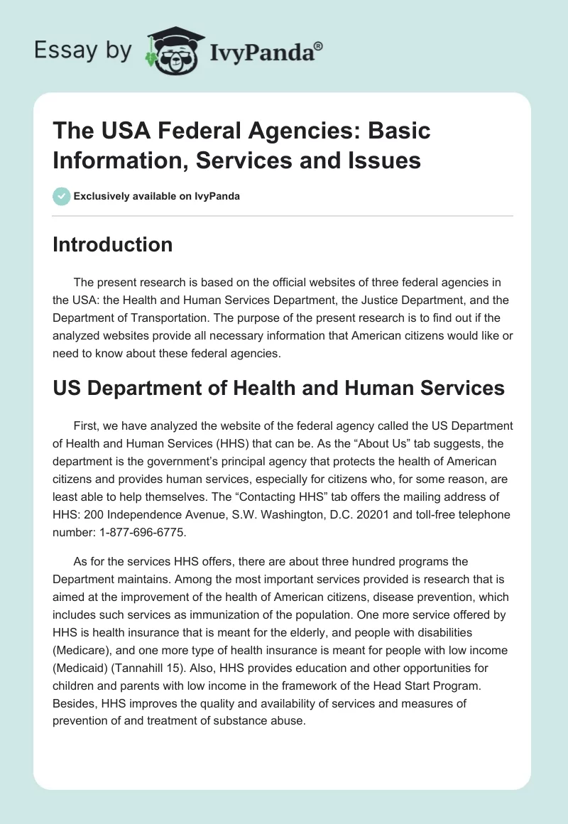 The USA Federal Agencies: Basic Information, Services and Issues. Page 1