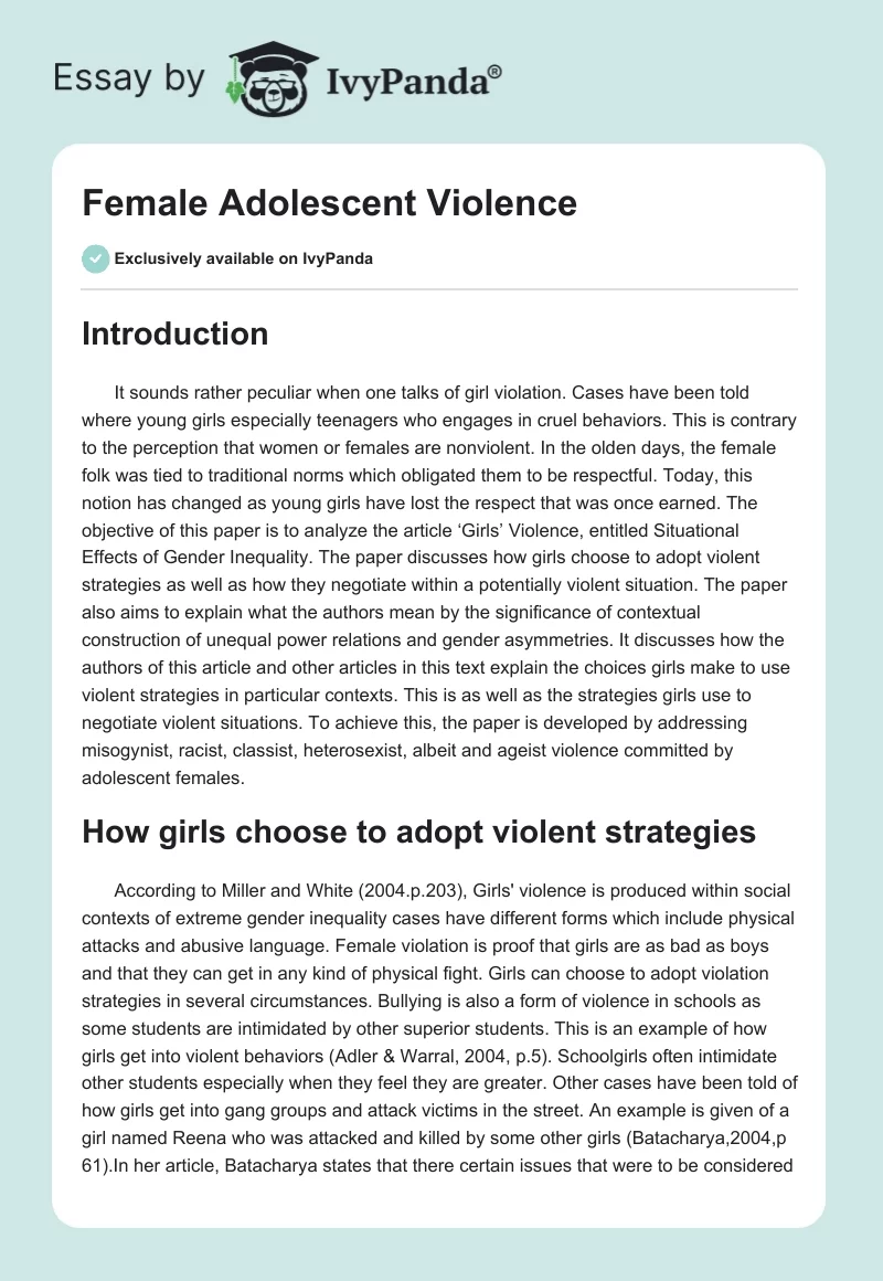 Female Adolescent Violence. Page 1