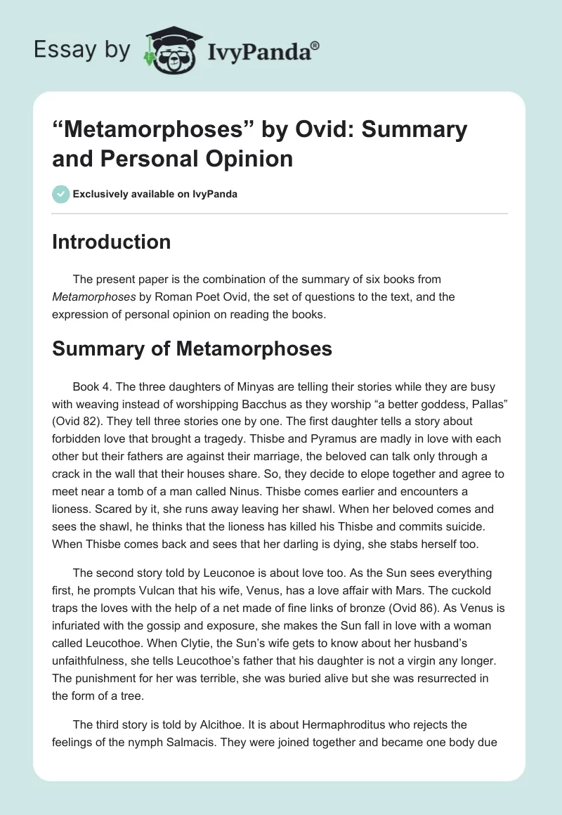 “Metamorphoses” by Ovid: Summary and Personal Opinion. Page 1