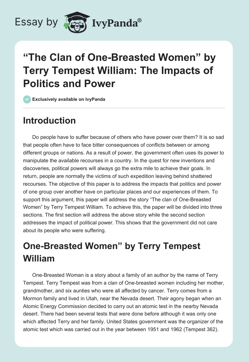 “The Clan of One-Breasted Women” by Terry Tempest William: The Impacts of Politics and Power. Page 1