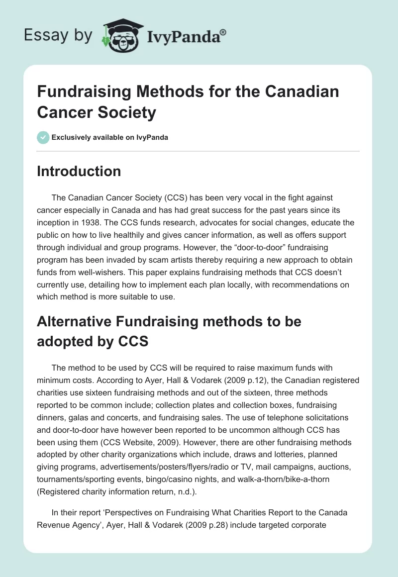 Fundraising Methods for the Canadian Cancer Society. Page 1
