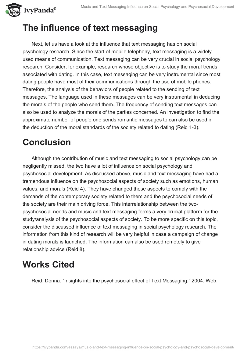 Music and Text Messaging Influence on Social Psychology and Psychosocial Development. Page 2