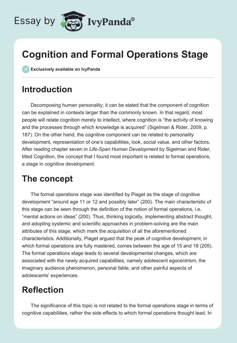 Cognition and Formal Operations Stage. Page 1