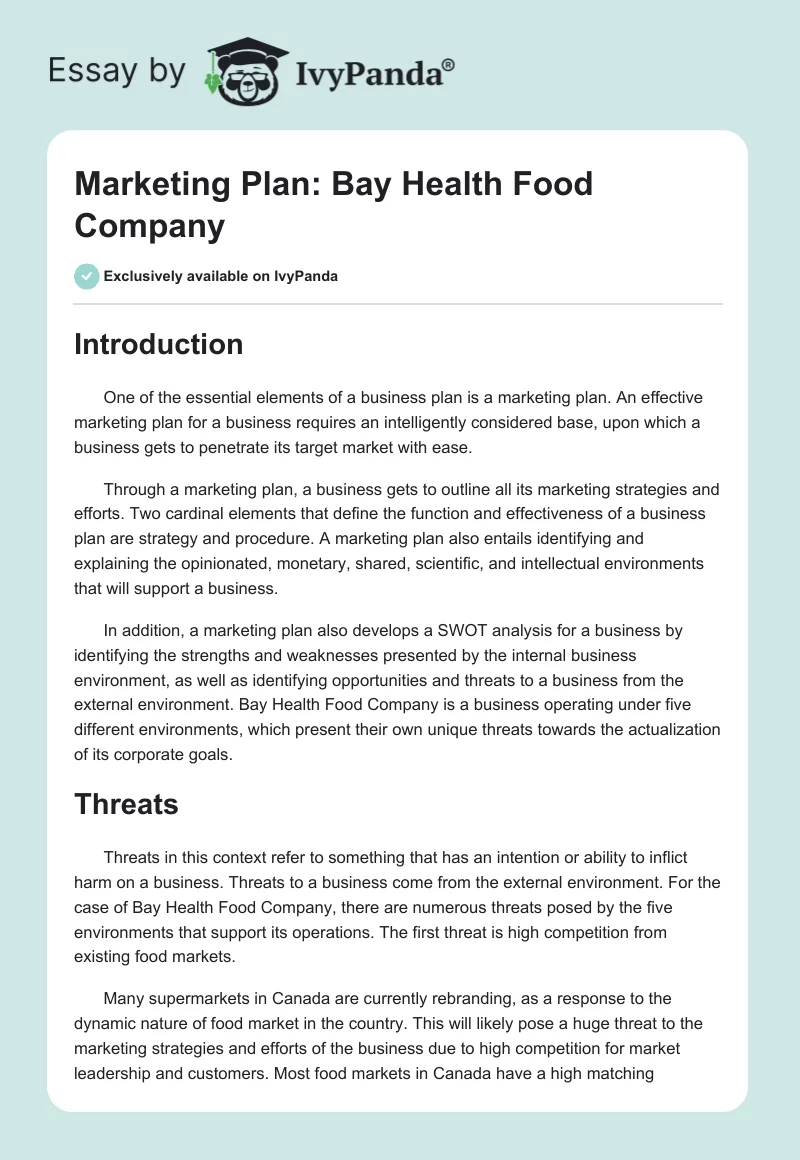 Marketing Plan: Bay Health Food Company. Page 1