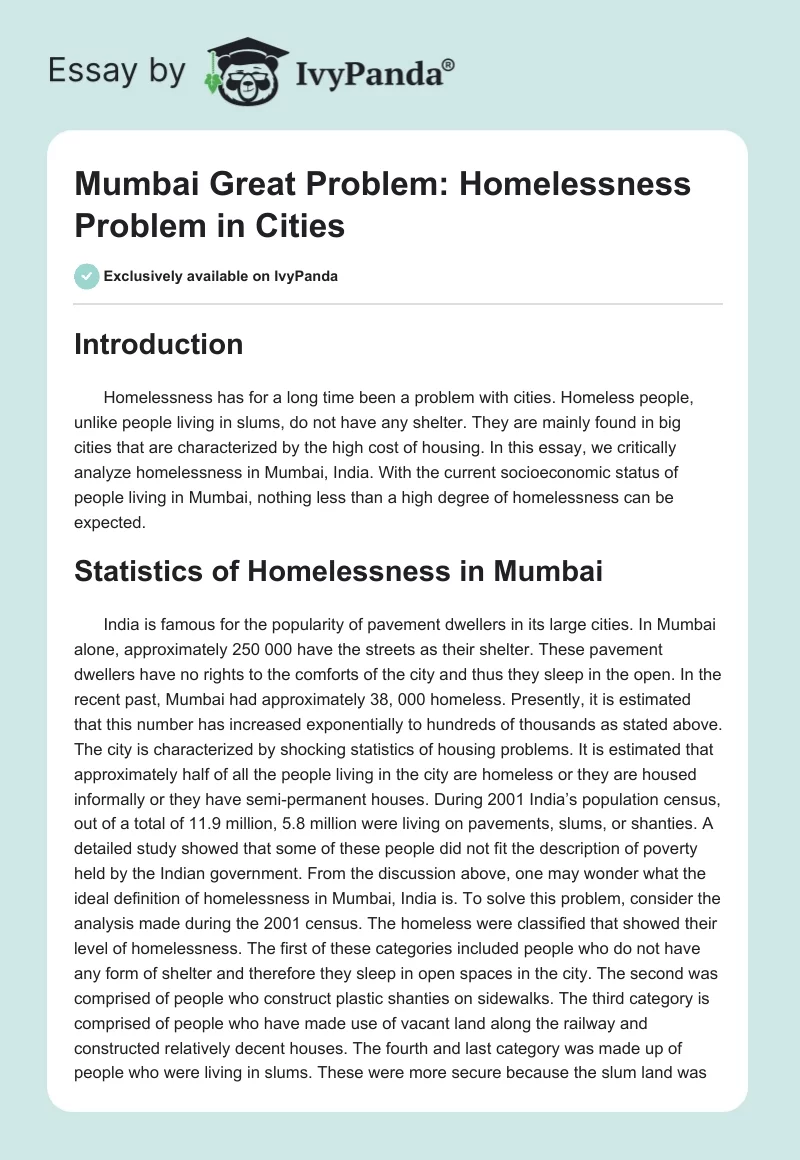 Mumbai Great Problem: Homelessness Problem in Cities. Page 1