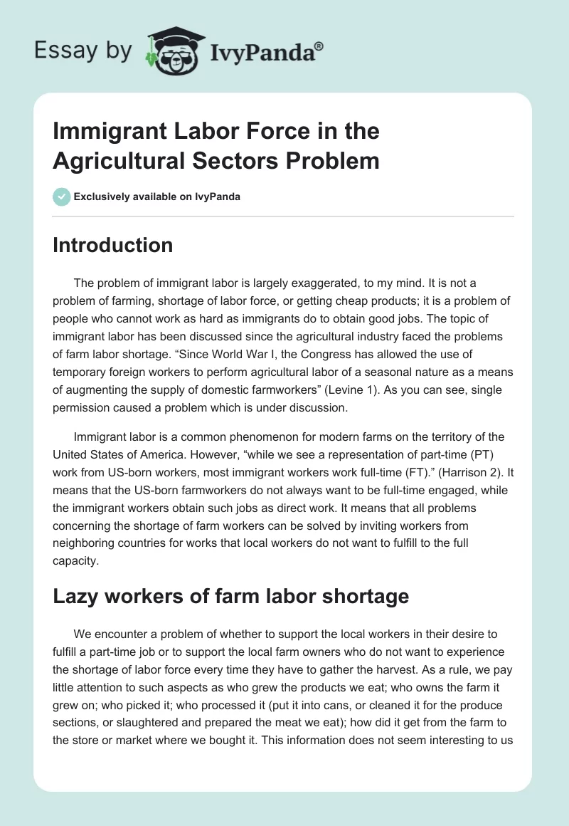 Immigrant Labor Force in the Agricultural Sectors Problem. Page 1
