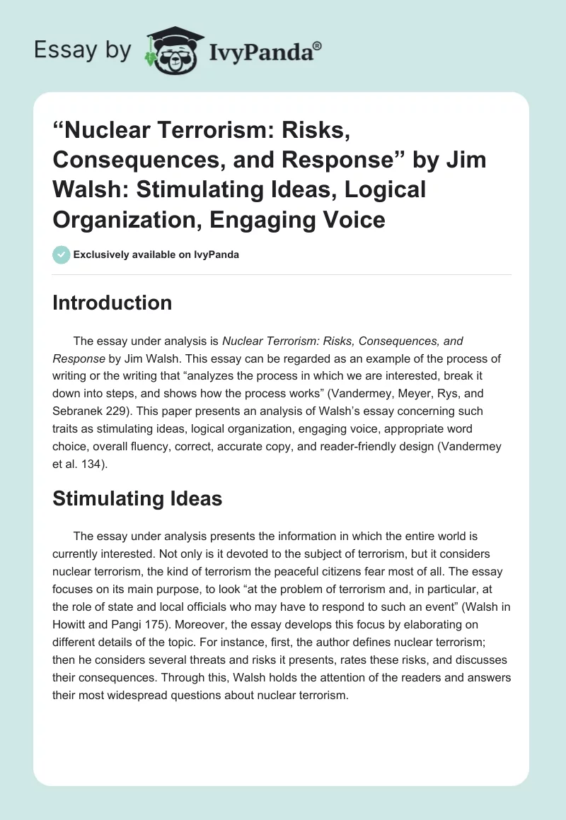 “Nuclear Terrorism: Risks, Consequences, and Response” by Jim Walsh: Stimulating Ideas, Logical Organization, Engaging Voice. Page 1