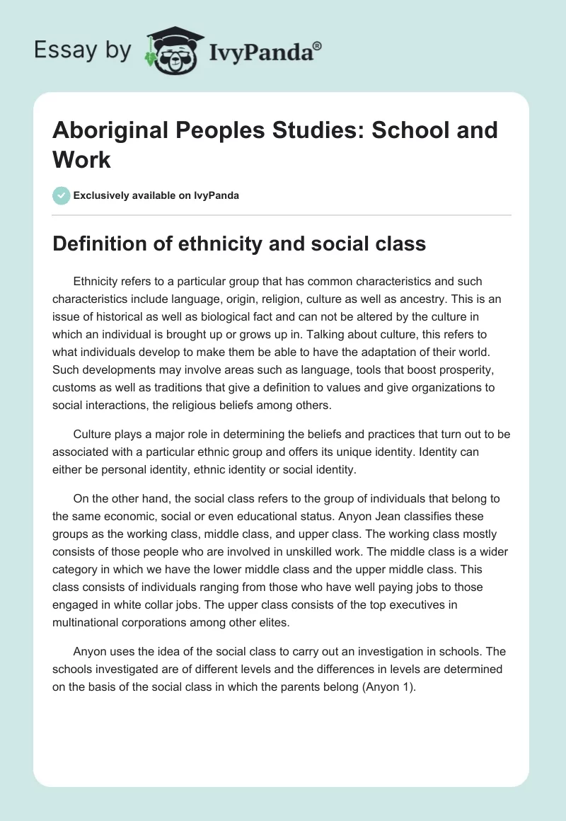 Aboriginal Peoples Studies: School and Work. Page 1