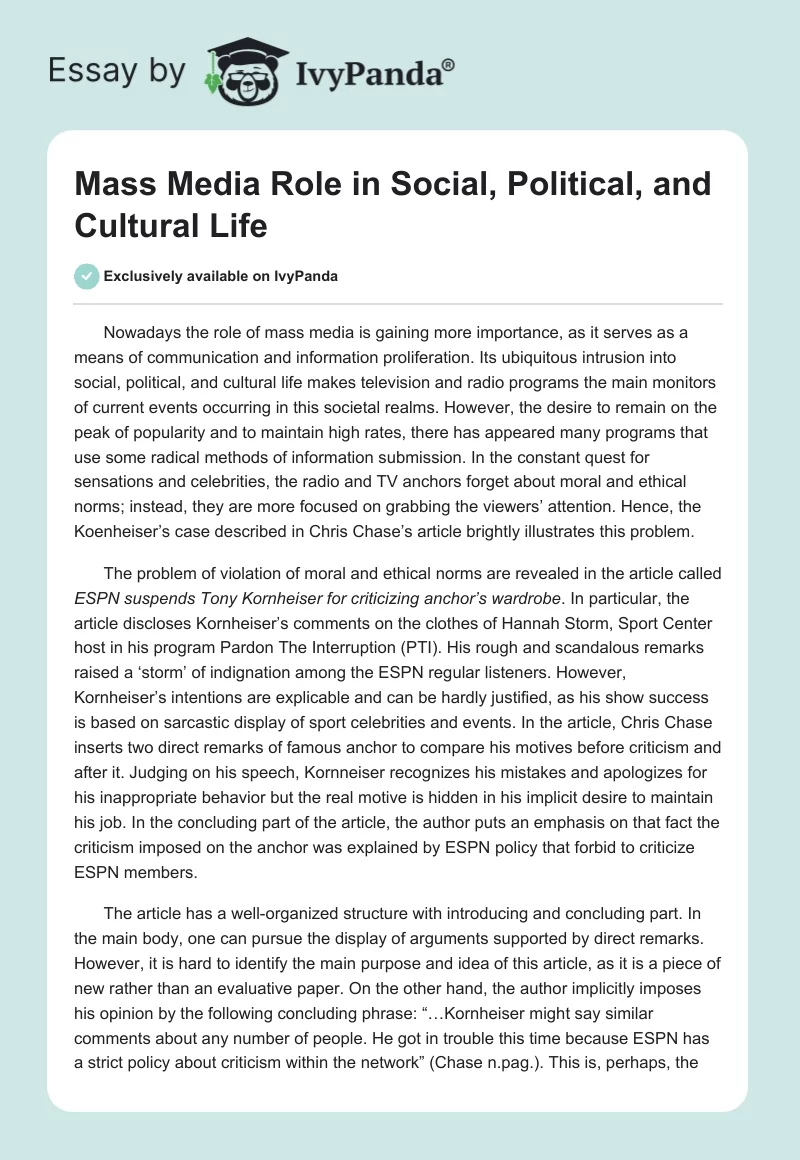 Mass Media Role in Social, Political, and Cultural Life. Page 1