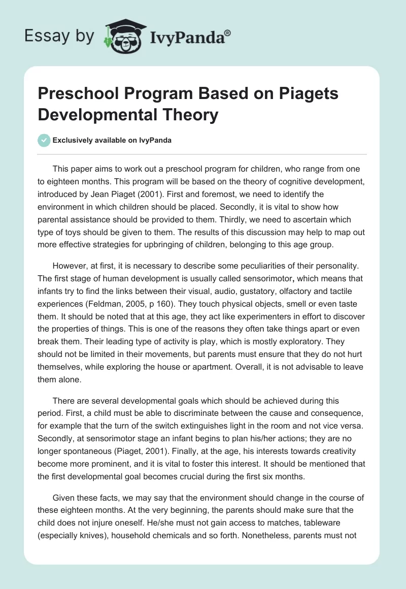 Preschool Program Based on Piagets Developmental Theory. Page 1