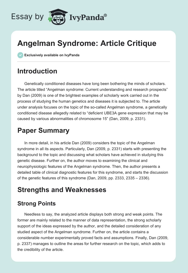 Angelman Syndrome: Article Critique. Page 1