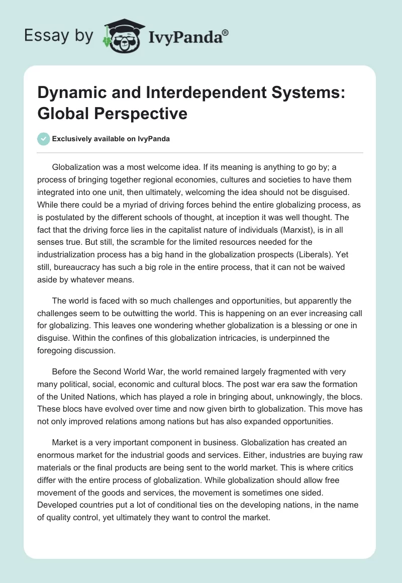 Dynamic and Interdependent Systems: Global Perspective. Page 1
