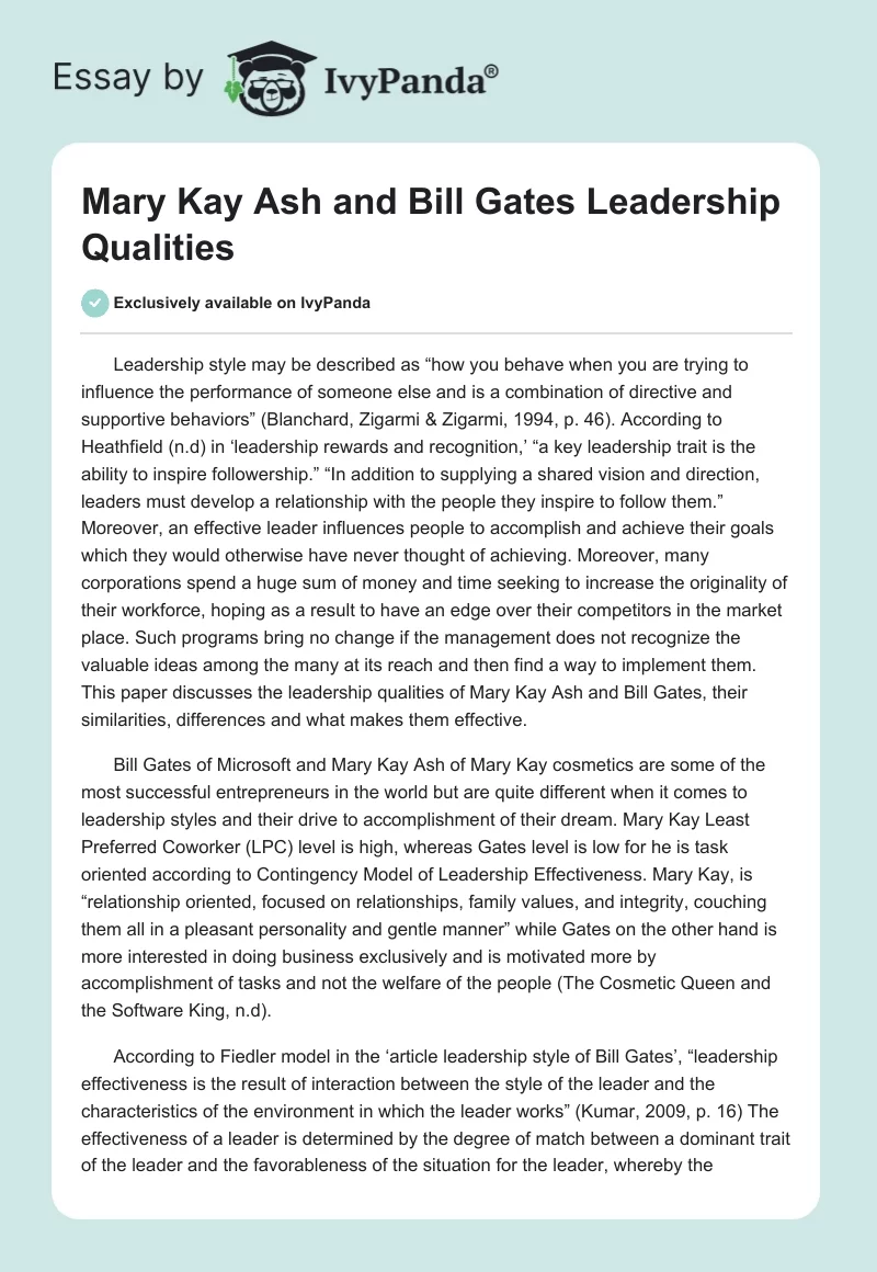 Mary Kay Ash and Bill Gates Leadership Qualities. Page 1