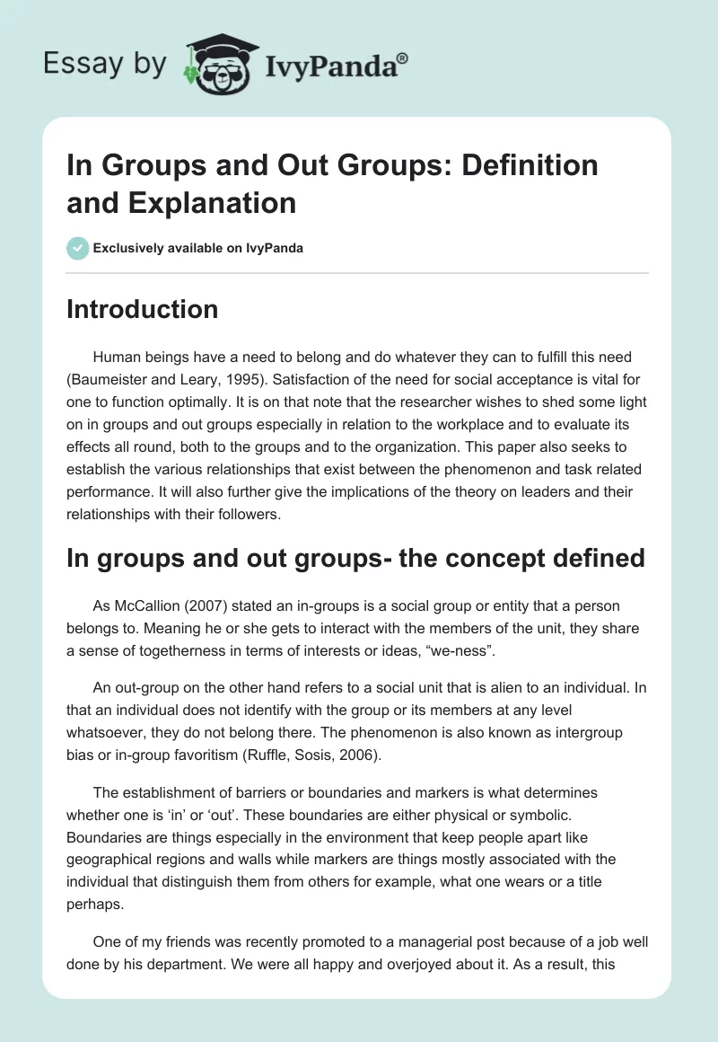 In Groups and Out Groups: Definition and Explanation. Page 1