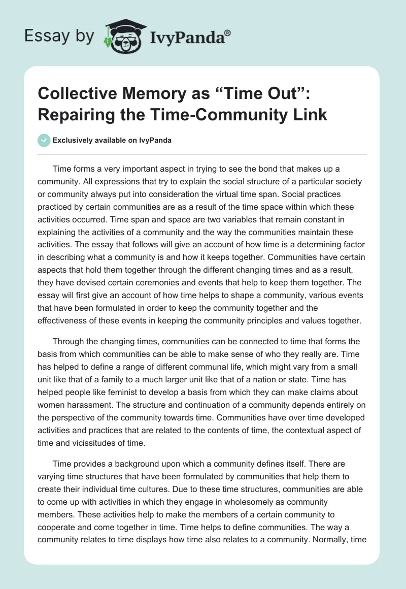 Collective Memory as “Time Out”: Repairing the Time-Community Link. Page 1