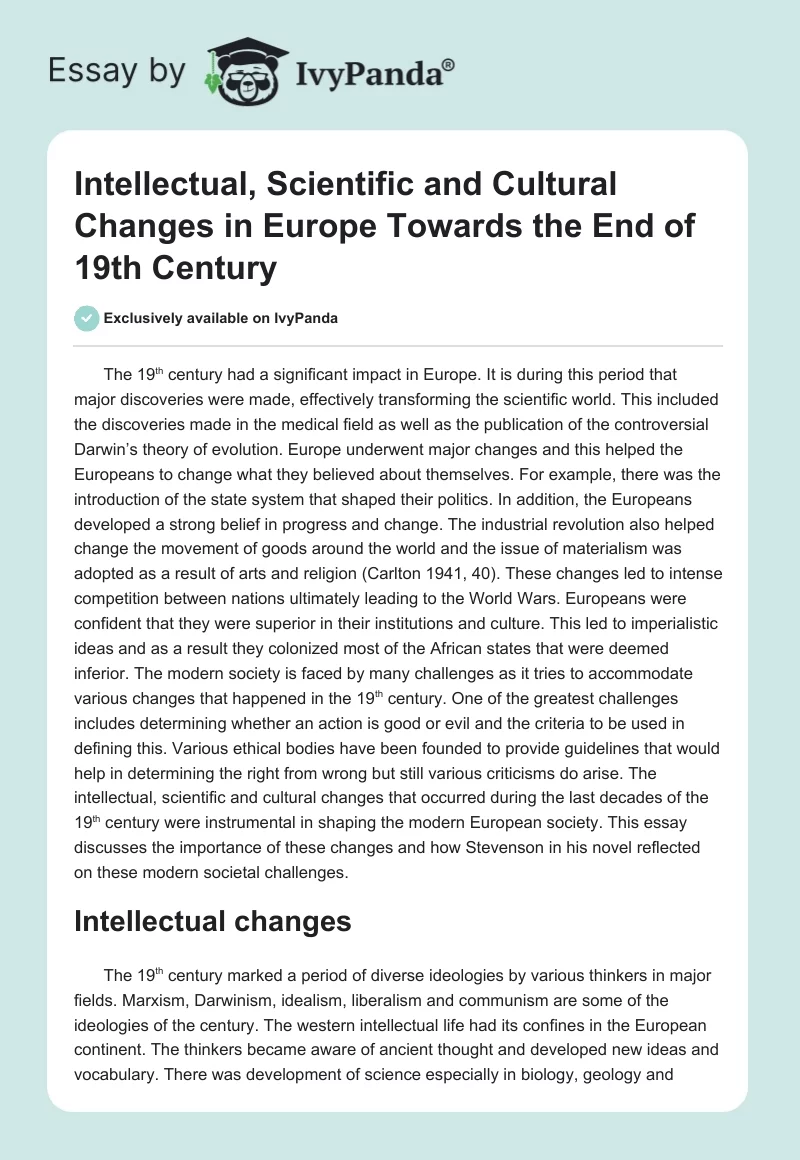 Intellectual, Scientific and Cultural Changes in Europe Towards the End of 19th Century. Page 1
