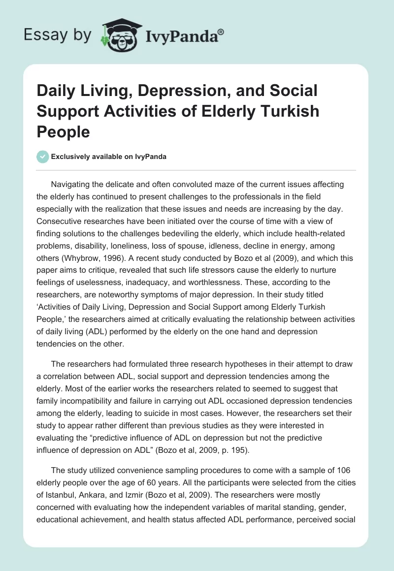 Daily Living, Depression, and Social Support Activities of Elderly Turkish People. Page 1